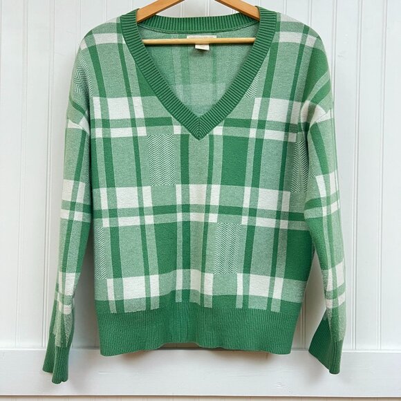 Christian Siriano Green White Plaid V-Neck Pullover Sweater Womens Large - Picture 2 of 9